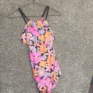 Floral Kids One Piece Swimsuit - Pink and Orange